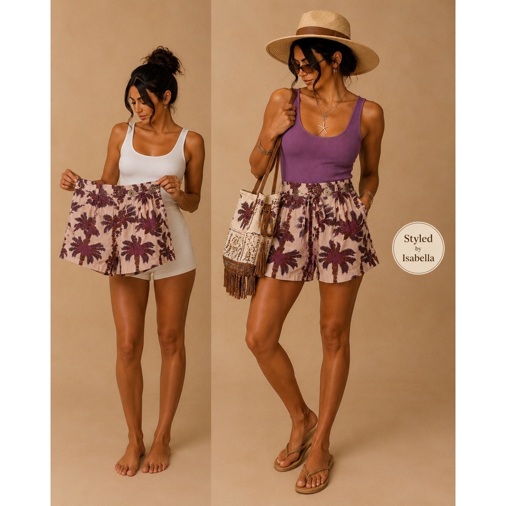 TNS Palm Tree Print High Waisted Paperbag Shorts Purple Orange Linen Blend M